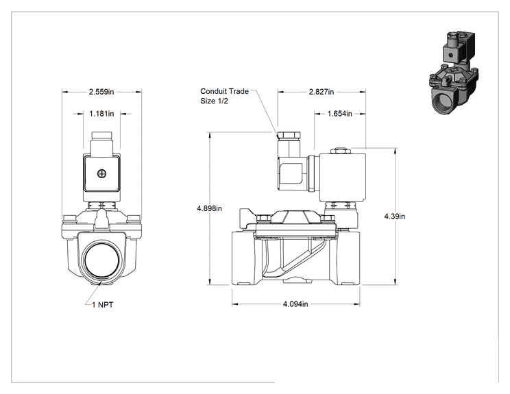 Teknik Çizim - Floroelastomer Contalı Pirinç Solenoid Valf, Normalde Açık, 24V DC, 1 NPT Dişi