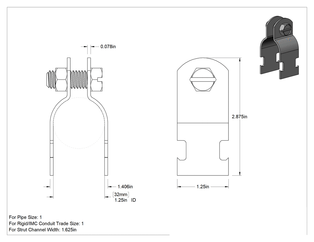 Teknik Çizim - Strut Montajlı Metal Yönlendirme Kelepçesi, 316 Paslanmaz Çelik, 1-1/4" İç Çap, 5/64" Kalınlık
