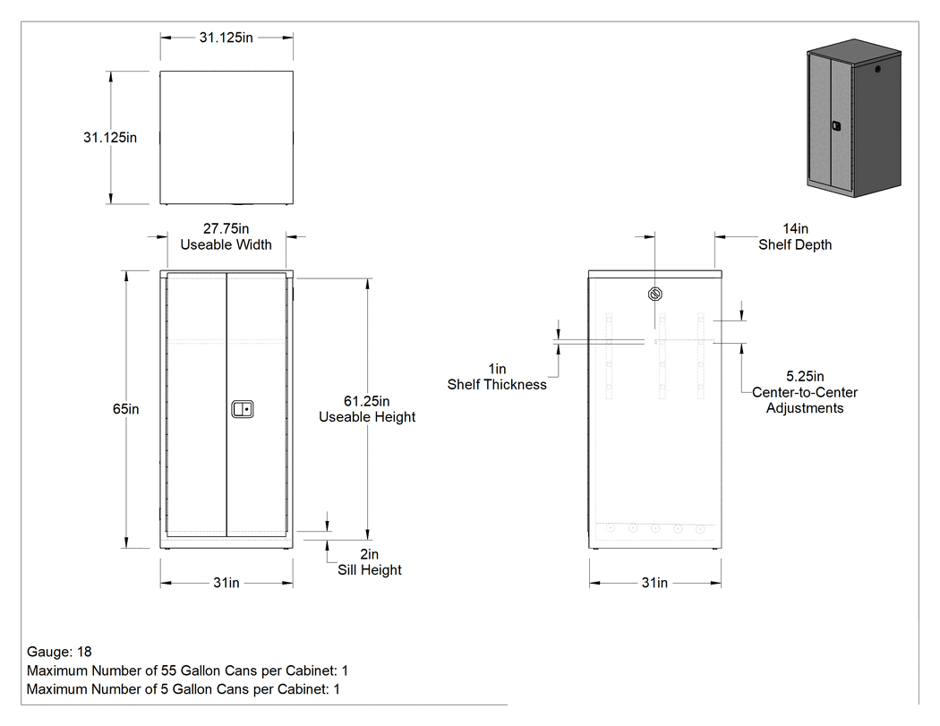 Teknik Çizim - 55 Galonluk Varillerde Yanıcı Maddeler için Güvenlik Dolabı, Dikey Depolama, Menteşeli Kapaklı, 31 inç Genişlik x 67 inç Yükseklik x 31 inç Derinlik