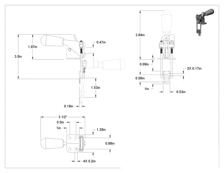 Teknik Çizim - Dik Açı Mandallı Mandal Kelepçe, Çelik, 500 lbs. Tutma Kapasitesi, 1-1/2" Kol Hareketi