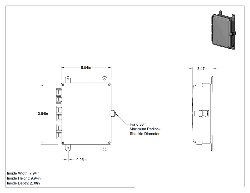 Teknik Çizim - Versa-Panel Polikarbonat Muhafaza, Hızlı Açma Menteşeli Kapak, 8.5" x 11" x 3-1/4", Gri