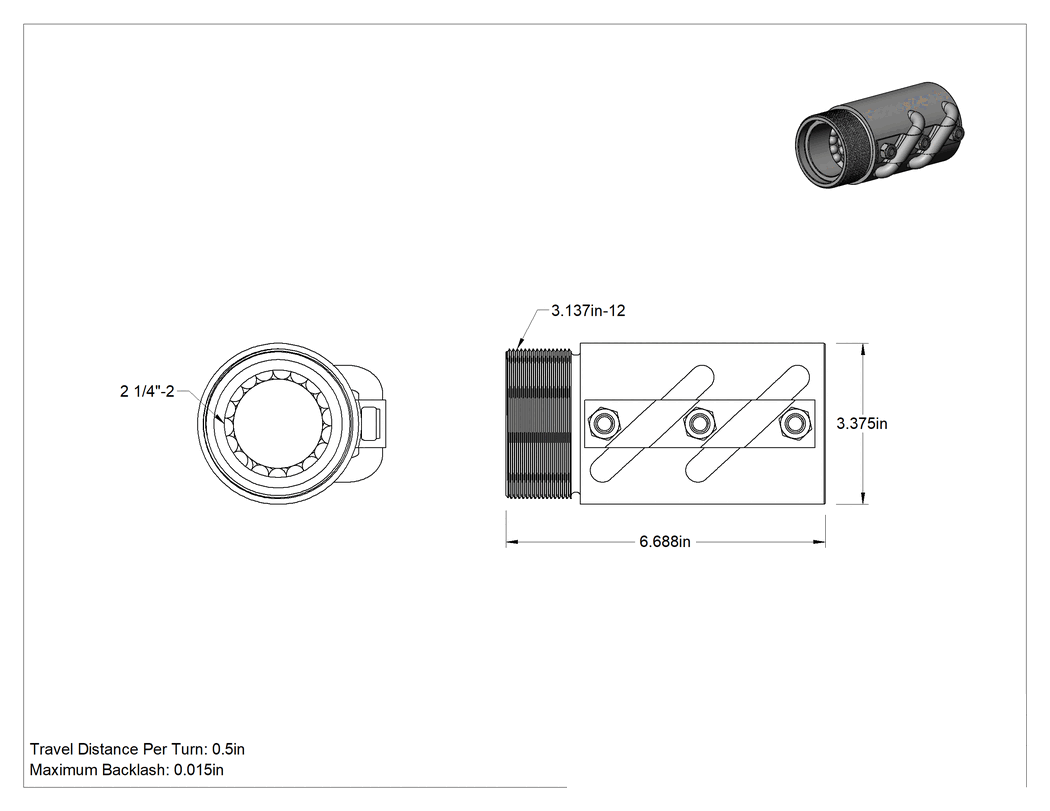 Teknik Çizim - Bilyalı Vida için 2-1/4"-2 Sağ Dişli Dış Dişli Somun