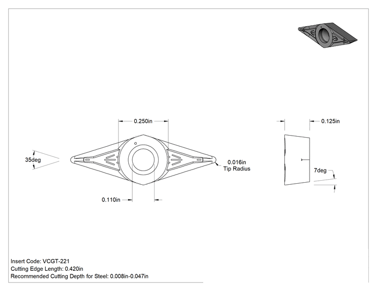 Teknik Çizim - Çelik için Hassas Karbür Uç, Vcgt-221, 1/64" Uç Yarıçapı
