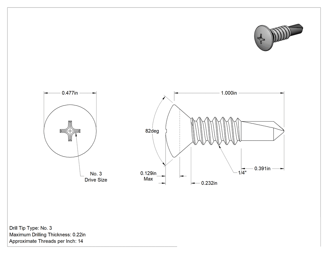 Teknik Çizim - 18-8 Paslanmaz Çelik Metal için Oval Başlı Delme Vidaları, 1/4" Vida Boyutu, 1" Uzunluk