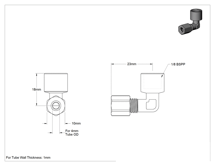 Teknik Çizim - Hava ve Su için Pirinç Sıkıştırma Tüp Bağlantısı, 4 mm Dış Çaplı Boru x 1/8 BSPP Dişi için 90 Derece Dirsek