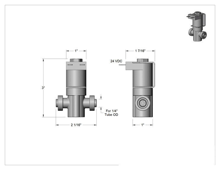 Teknik Çizim - Tak-Çalıştır Bağlantı Parçalı Solenoid Valf, Kompakt, 24V DC, 1/4" Boru Dış Çapı için, 40 Maksimum PSI