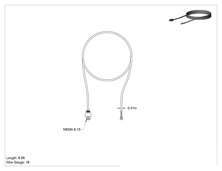 Teknik Çizim - Güç Kablosu, Hafif Hizmet, NEMA 6-15 Fiş, 6-1/2 Fit Uzunluk, 0.31" Dış Çap, SJT