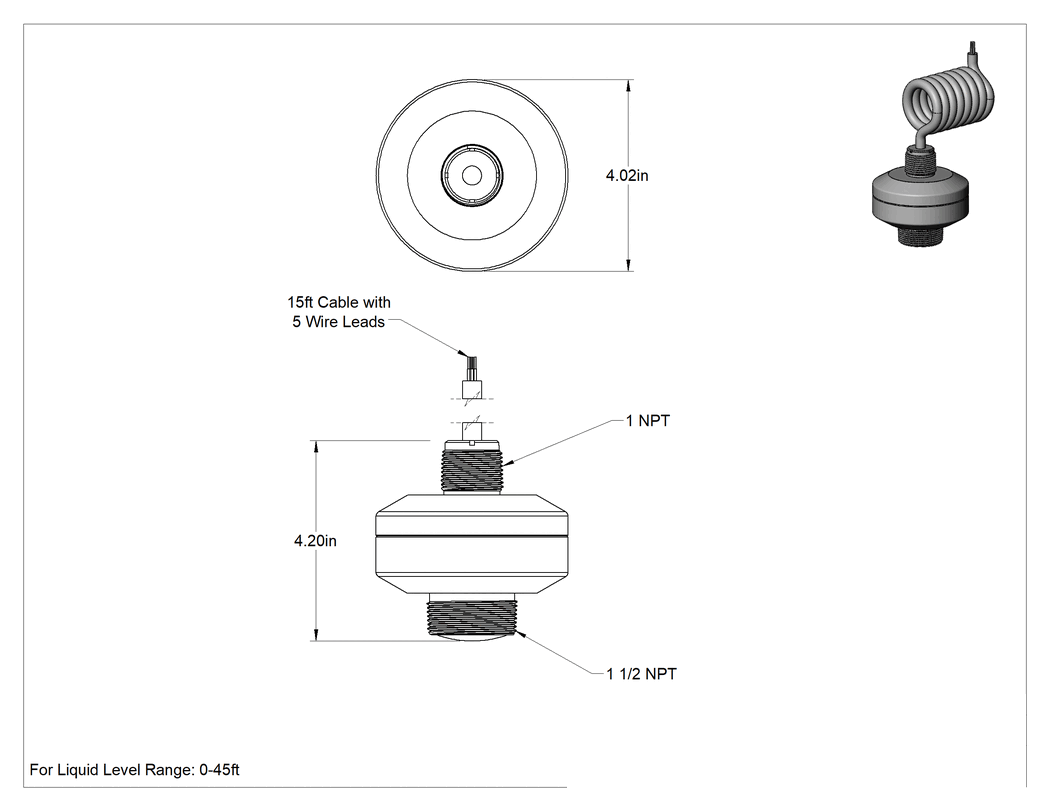 Teknik Çizim - Temassız Sıvı Seviye Transmitteri, Radar, 4-20 mA Çıkış, 1-1/2" NPT Erkek