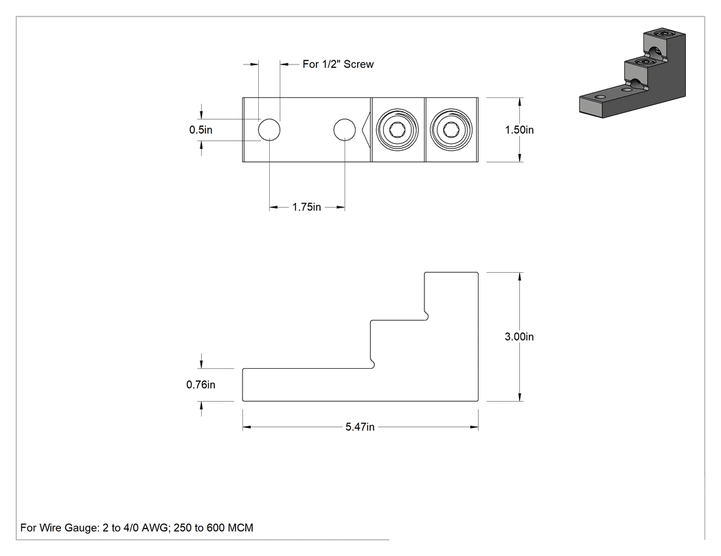 Teknik Çizim - İstiflenmiş Setskur Pabucu, 2 Tel için 2 Delik, 2-600 MCM