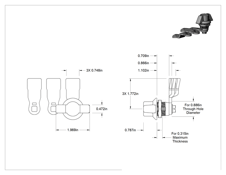 Teknik Çizim - Yıkanabilir Kam Mandalı, Kanatlı Saplı, 316 Paslanmaz Çelik