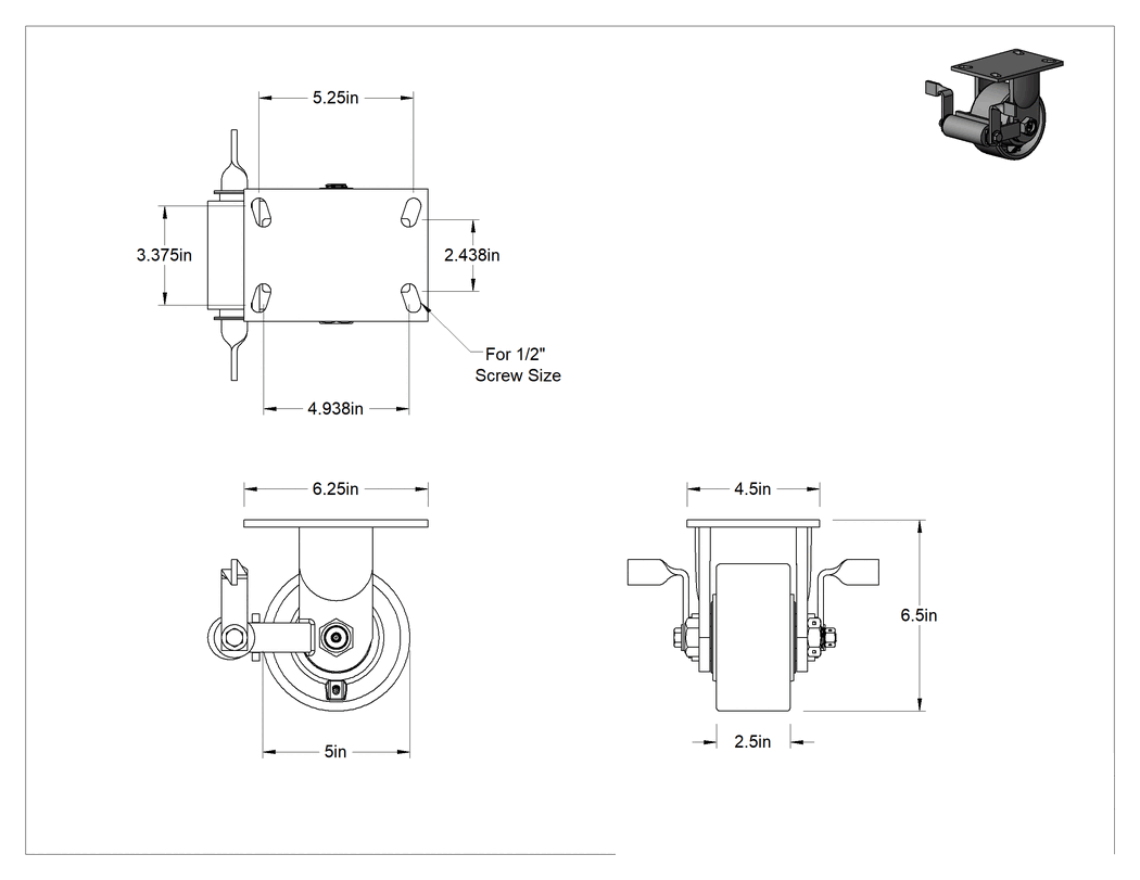 Teknik Çizim - 6-1/4" x 4-1/2" Plakalı Viking Tekerlek, Yüksek Kapasiteli, Frenli ve, 5" Çapında Demir Tekerlekli Sabit