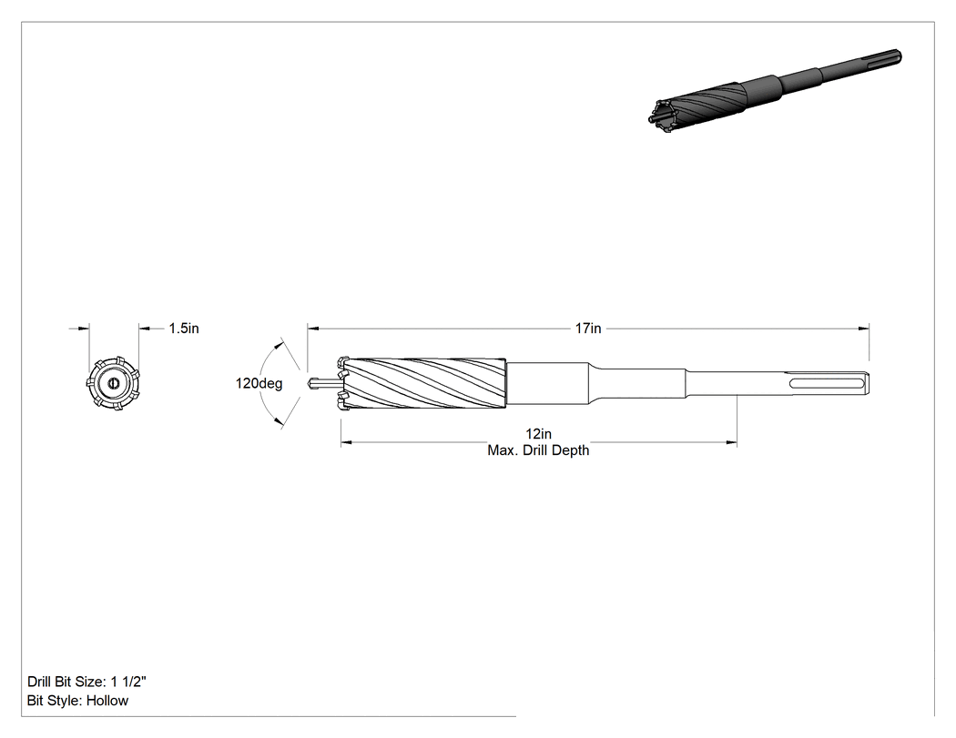 Teknik Çizim - Boyutu Değiştirilebilir Karbür Uçlu Delme Ucu, Duvar ve Beton için, SDS-Max Şaft, 1-1/2" Boyut