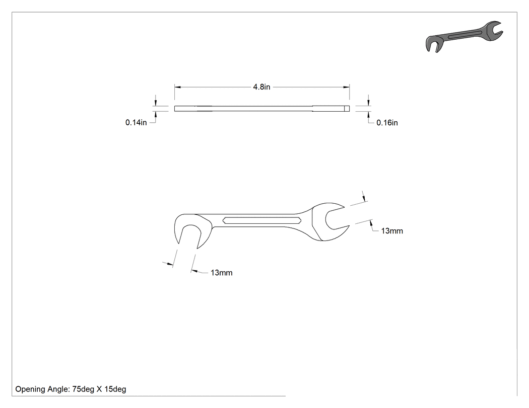 Teknik Çizim - 75 Derece Açılı Anahtar, 13 mm Boyut, 4-3/4" Toplam Uzunluk