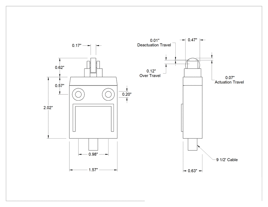 Teknik Çizim - Düşük Profilli Islak Ortam Sınır Anahtarı, Tel Uçlu, Çapraz Makaralı Piston, 250V AC/V DC