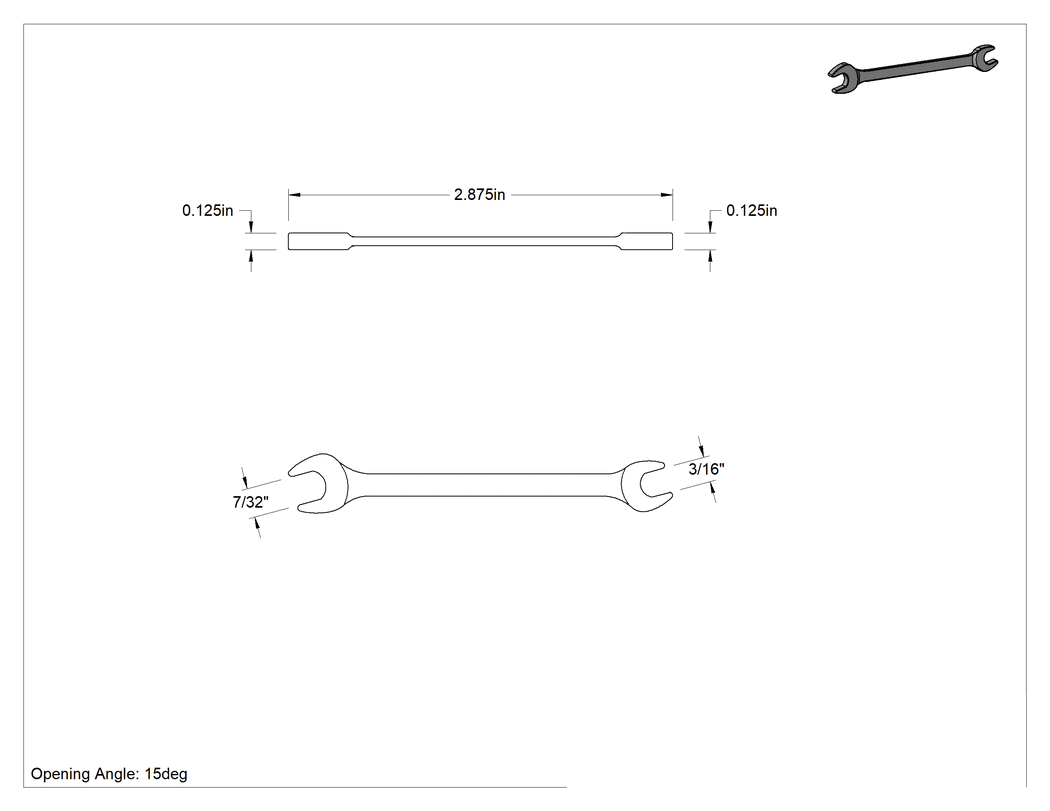 Teknik Çizim - Kısa Açık Uçlu Anahtar, 3/16" x 7/32" Boyut, 2-7/8" Toplam Uzunluk
