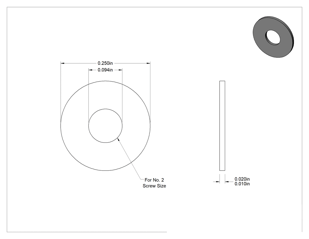 Teknik Çizim - Sert Fiber Pullar, 2 Numaralı Vida için, 0.094" İç Çap, 0.250" Dış Çap, 0.01" ila 0.02" Kalınlık