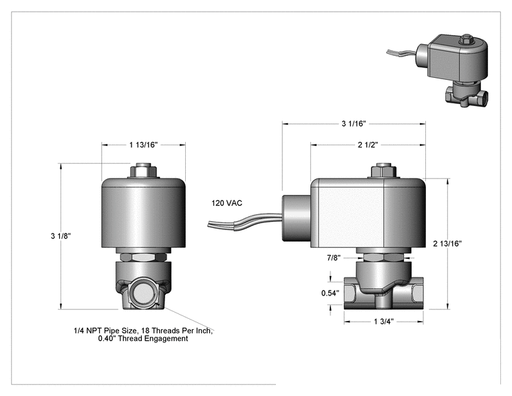 Teknik Çizim - Pirinç Gövde Solenoid Açma/Kapama Vanası, Kriyojenik Sıvılar için, 1/4 NPT Dişi