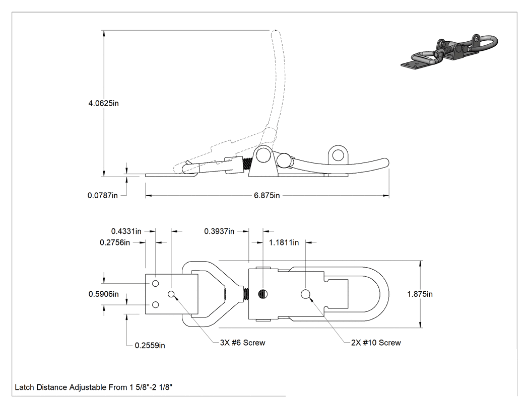 Teknik Çizim - Ayarlanabilir Tutamaklı Çekme Mandalı, Galvanizli Çelik, 6-7/8" Uzunluk x 1-13/16" Genişlik