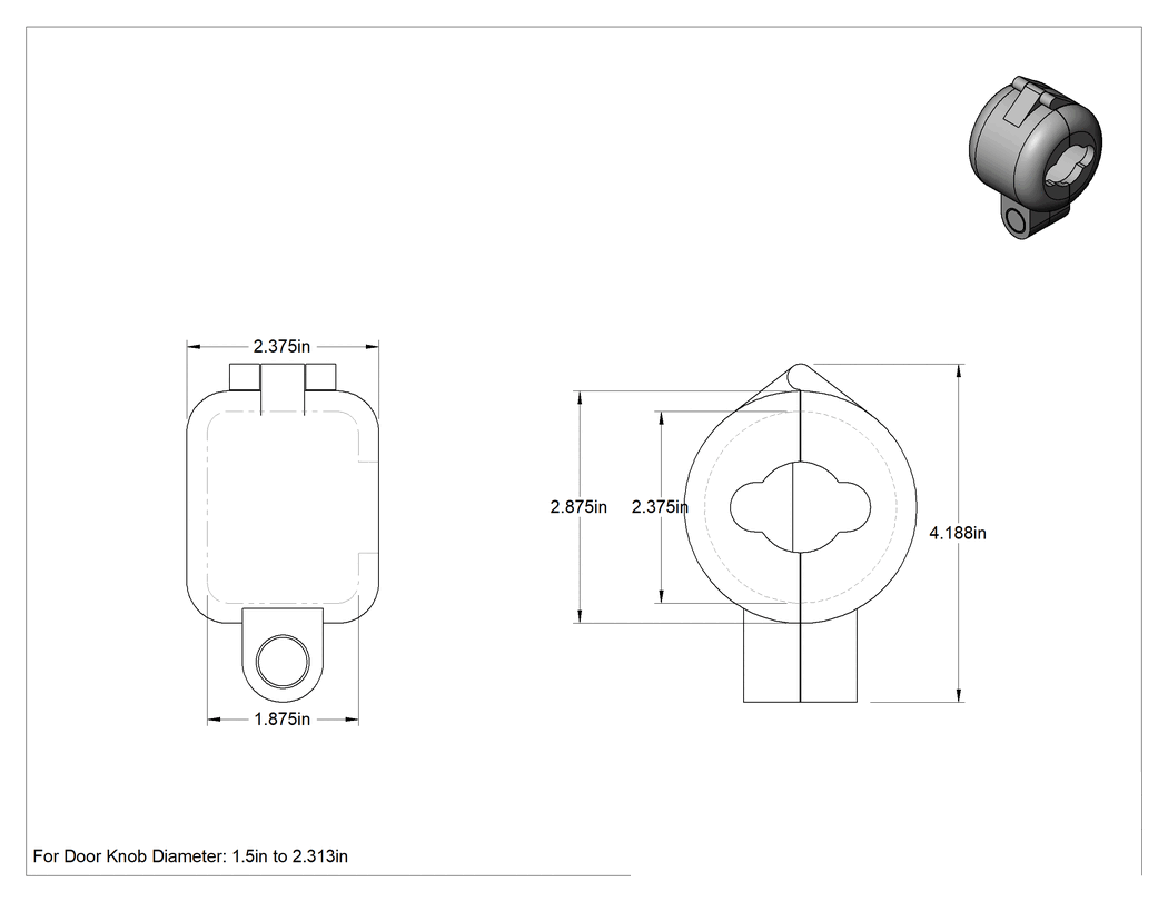 Teknik Çizim - Kilitli Koruyucu, 1-1/2" ila 2-5/16" Çaplı Kapı Kolu, Aynı Anahtarlı