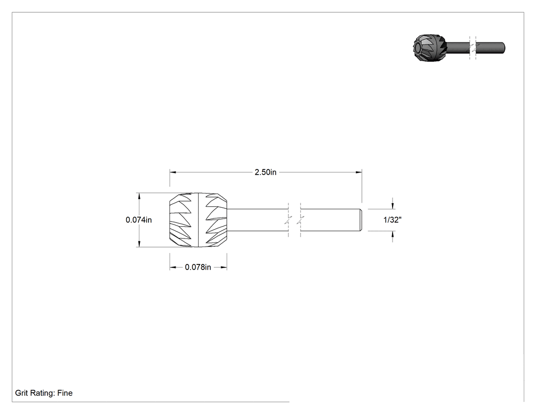 Teknik Çizim - Çapraz Delikler için CNC Montajlı Freze Ucu, Bilye, 0.03" Şaft Çapı, 1/16" Çap x 3/32" Uzunluğunda Baş