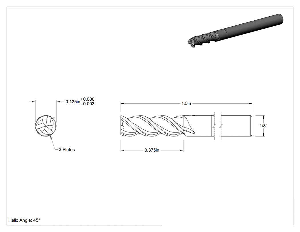 Teknik Çizim - Paslanmaz Çelik ve Titanyum için Karbür Kare Freze Ucu, TiAlN Kaplamalı, 1/8" Freze Çapı, 3/8" Kesme Uzunluğu