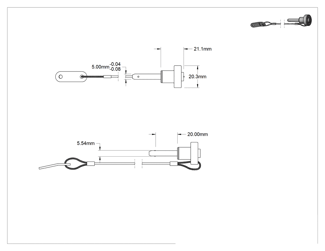 Teknik Çizim - Topuzlu Tutamaklı Kilitleme Hızlı Açma Pimi, Kordonlu, 17-4 PH Paslanmaz Çelik, 5 mm Çap, 20 mm Kullanılabilir Uzunluk