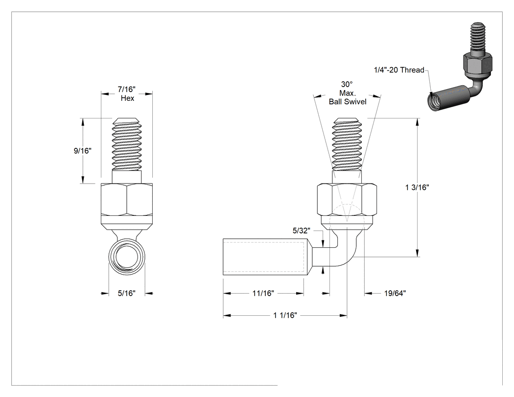 Teknik Çizim - Küresel Mafsal Bağlantısı, Bent-Swivel, 1/4"-20 Diş