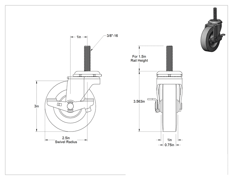 Teknik Çizim - T-Yivli Çerçeve, 1.5 inç Yüksekliğinde Tek Raylı Gövde Montajlı Tekerlek, 125 lb. Kapasite