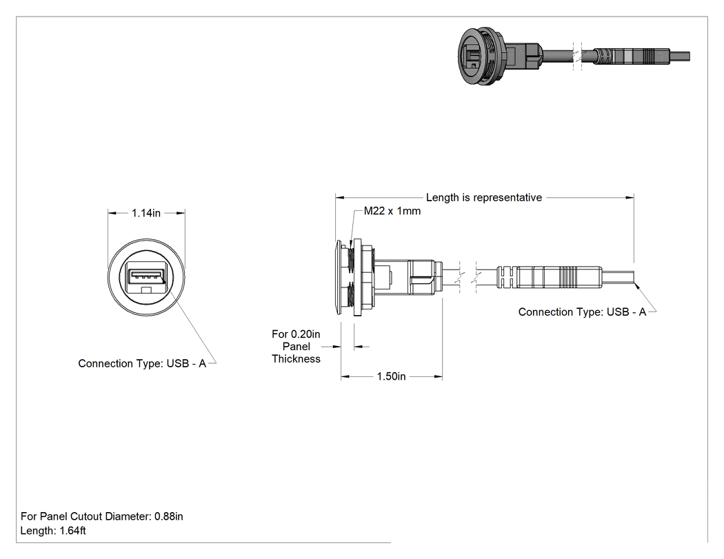 Teknik Çizim - Panele Monte USB Kablosu, USB 2.0, A Fiş x A Dişli Soket, 1-1/2 Fit Uzunluk, Siyah