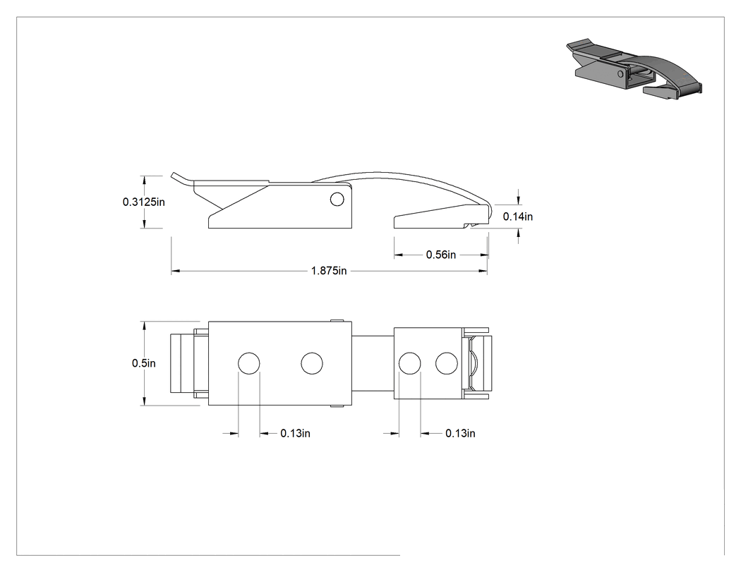 Teknik Çizim - Çekme Mandalı, Kare Karşılıklı, Çinko Kaplı Çelik, 1-7/8" Uzunluk x 1/2" Genişlik