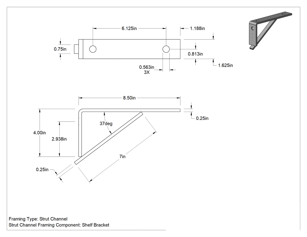 Teknik Çizim - Strut Kanalı Raf Braketi, Beyaz boyalı çelik, 8-1/2" Uzunluk