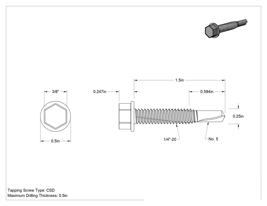 Teknik Çizim - 18-8 Paslanmaz Çelik Flanşlı Altıköşe Başlı Delme Vidası, Sertleştirilmiş Çelik 5 Numaralı Uçlu, 1/4" Boyut, 1-1/2" Uzunluk