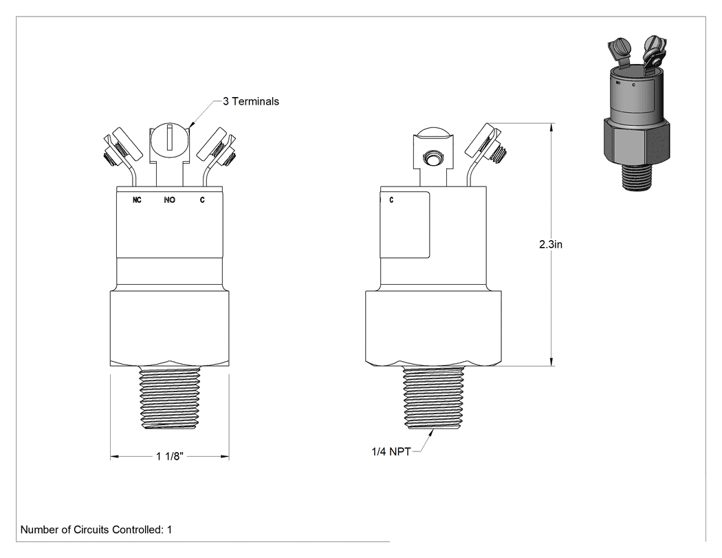 Teknik Çizim - Sabit Ayar Noktalı Basınç Şalteri, Vida Terminalleri, 1/4 NPT Erkek Bağlantı, 10 PSI Ayar Noktası