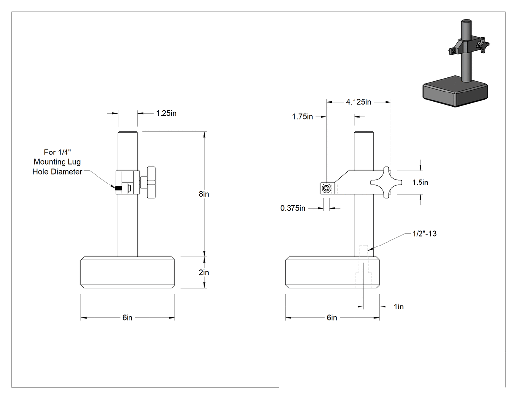Teknik Çizim - Hassas Ağırlıklı Tabanlı Gösterge Tutucu, NIST Sertifikalı, Lug Montajı, 1-3/4" Derinliğinde Boğaz