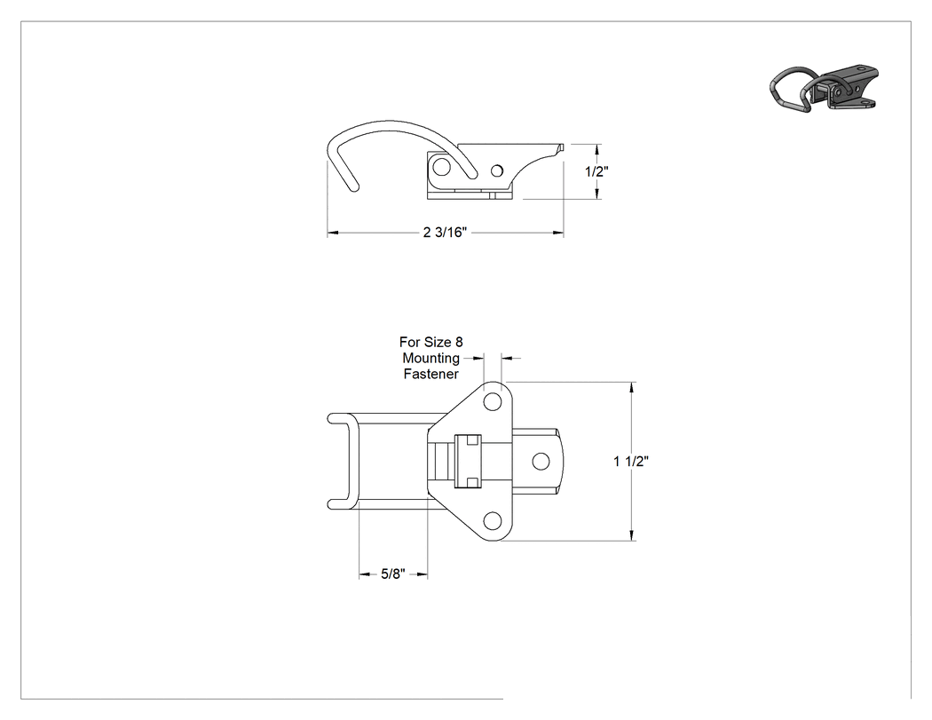 Teknik Çizim - Çekme Mandalı, Çakmasız, Çinko Kaplı Çelik, 2-3/16" Uzunluk, 1-1/2" Genişlik