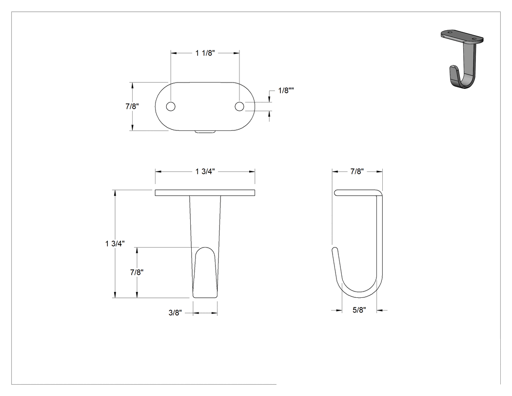 Teknik Çizim - Alt Montajlı Asma Kancası, 1-3/4" Genişlik x 1-3/4" Yükseklik x 7/8" Toplam Derinlik