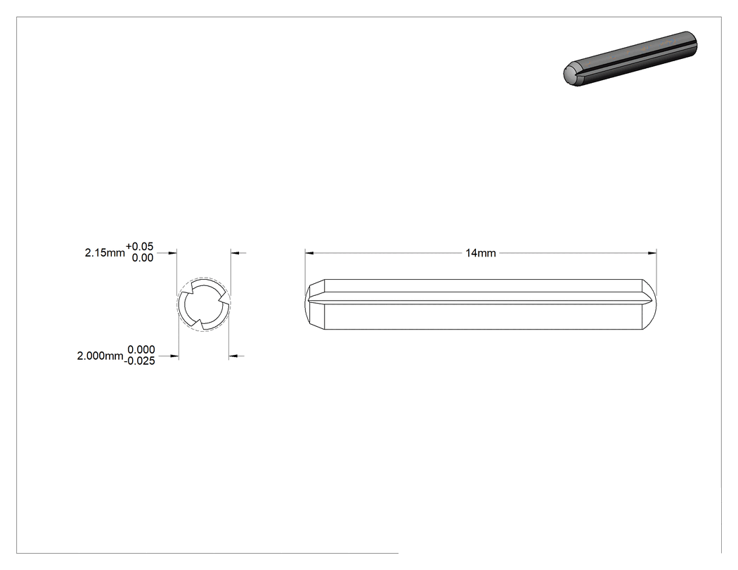 Teknik Çizim - Çinko Kaplı Karbon Çelik Tam Yivli Pim, 2 mm Çap, 14 mm uzunluk, Paralel Yivler
