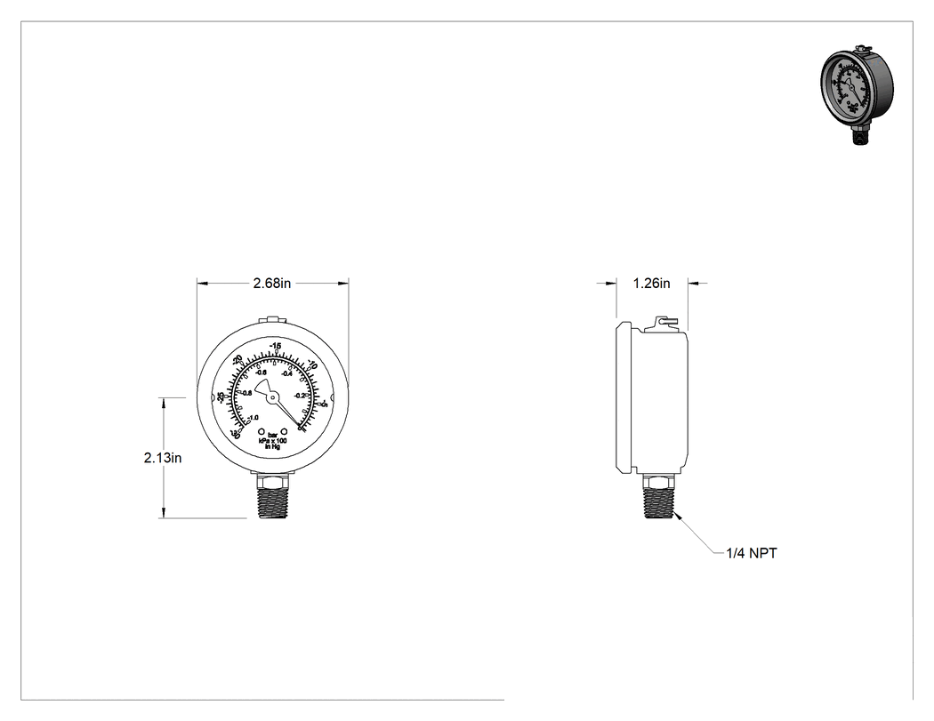 Teknik Çizim - Çift Ölçekli Titreşim ve Paslanma ve Aşınmaya Dayanıklı Ölçer, Vakum, Sertifikalı, 2.5" Kadran, Alt Bağlantı, 30 ila 0 in. Hg