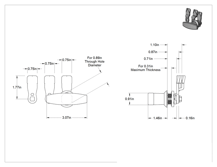 Teknik Çizim - 316 Paslanmaz Çelik Yıkanabilir T-Kollu Kam Mandalı