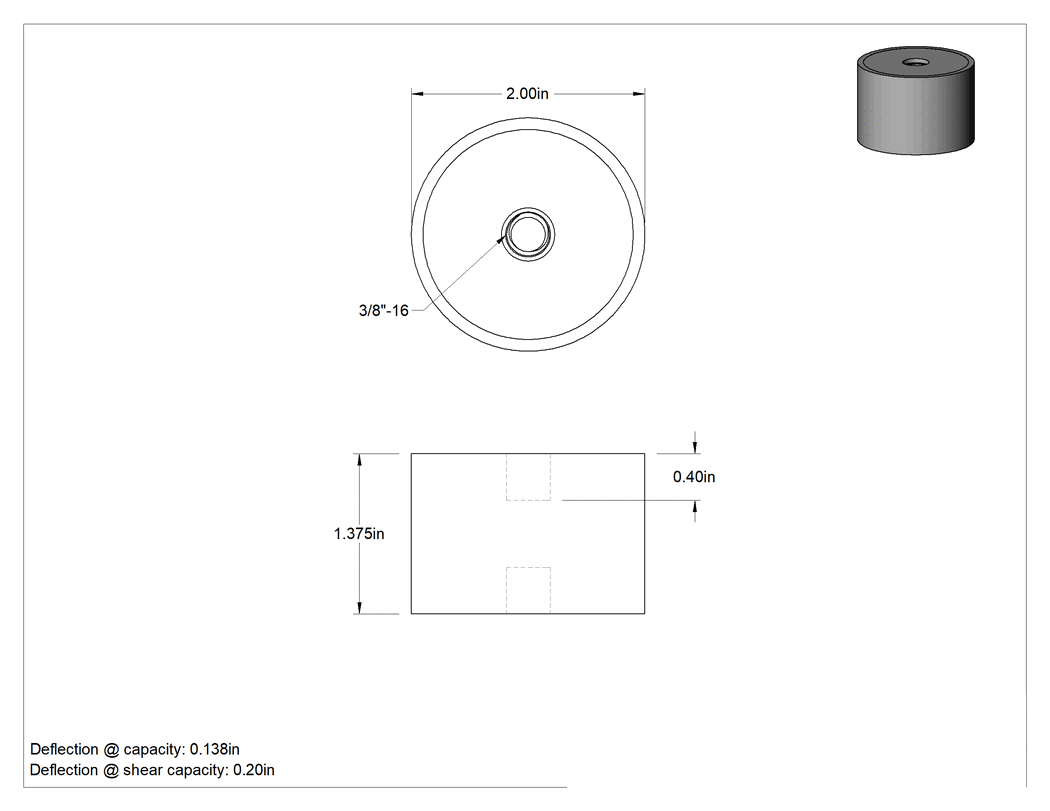 Teknik Çizim - Neopren Titreşim Sönümleyici Sandviç Montaj, 3/8"-16 Dişli Çelik Ek Parçalı, 130 lbs. Kapasite
