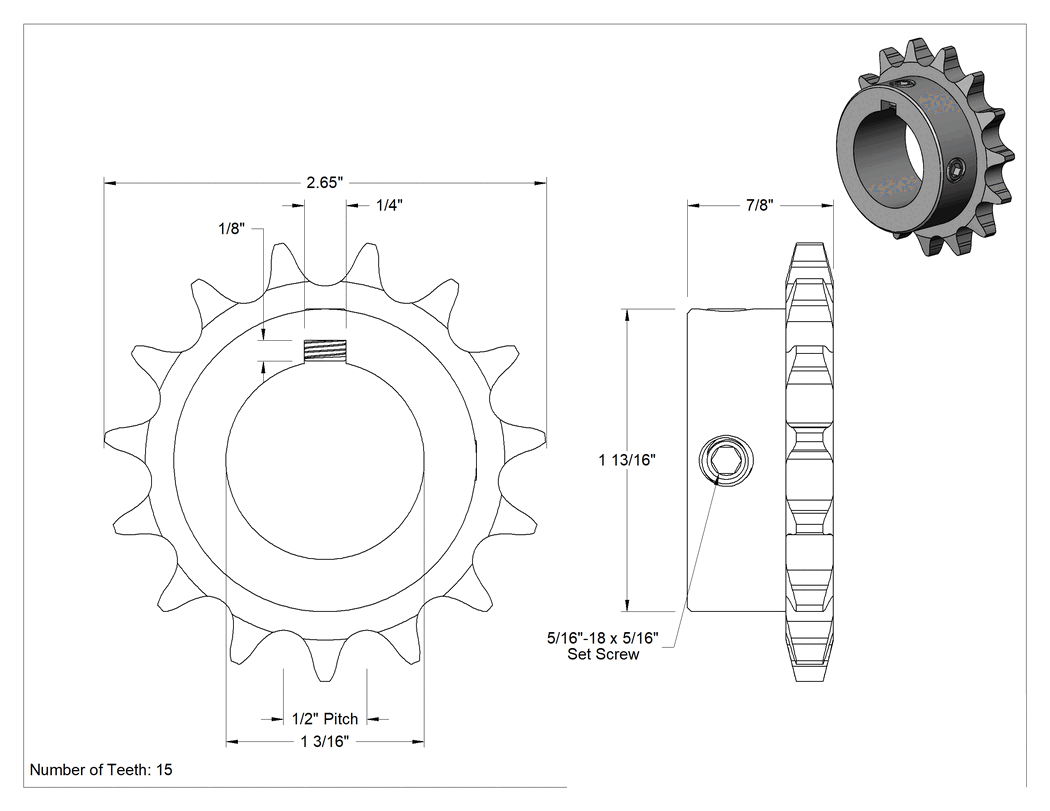 Teknik Çizim - Çelik Tek Sıralı Dişli, ANSI 40 Makaralı Zincir ve 1-3/16" Mil Çapı için, 15 Diş