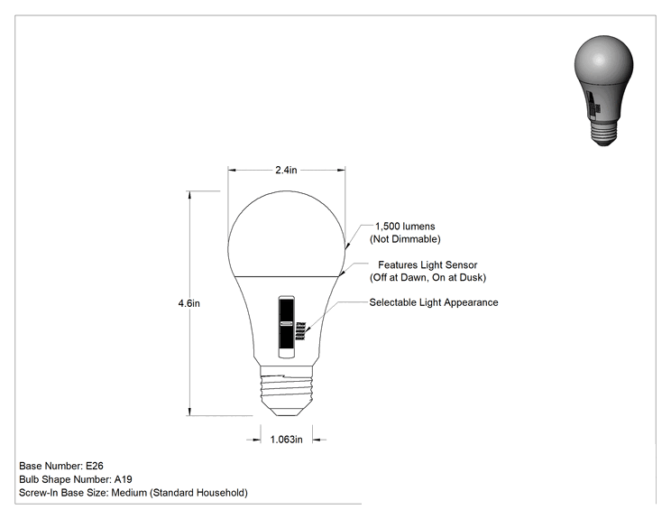 Teknik Çizim - Alacakaranlıktan Şafağa Vidalı Tabanlı Ampul, A19 Ampul, 100 W Eşdeğer Akkor, 1500 lümen