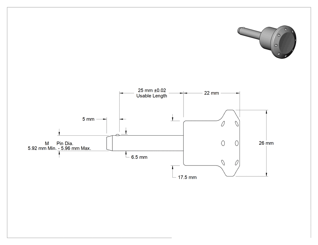 Teknik Çizim - Hızlı Açılır Pim, Topuz Tutamak, 6 mm Çap, 25 mm Kullanılabilir Uzunluk
