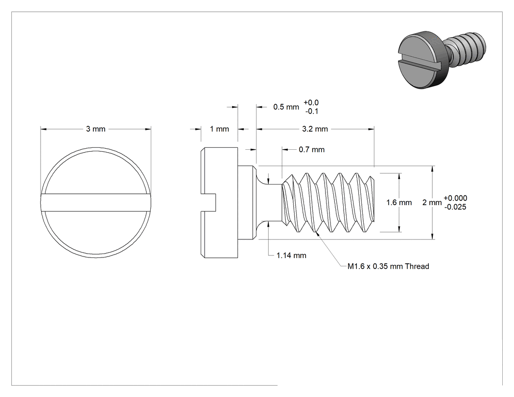 Teknik Çizim - Yivli 18-8 Paslanmaz Çelik Hassas Omuzlu Vida, 2 mm Omuz Çapı, 0.5 mm Omuz Uzunluğu, M1.6 x 0.35 mm Diş