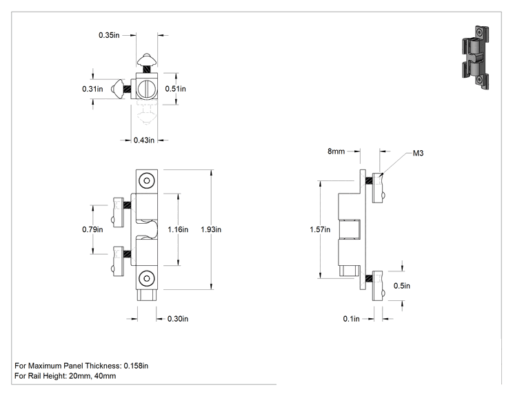 Teknik Çizim - T-Yivli Çerçeve, 20 mm Yüksekliğinde Tek Ray için Ray-Panel Tutma Mandalı