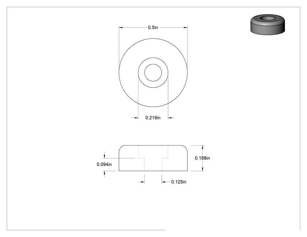 Teknik Çizim - Statik Kontrol Dişsiz Delikli Tampon, 1/2" Dış Çap x 3/16" Yükseklik