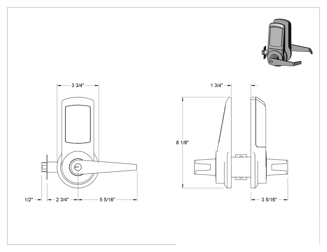 Teknik Çizim - Akülü Dokunmatik Ekranlı Kombinasyon Kapı Kolu, Yale Nextouch