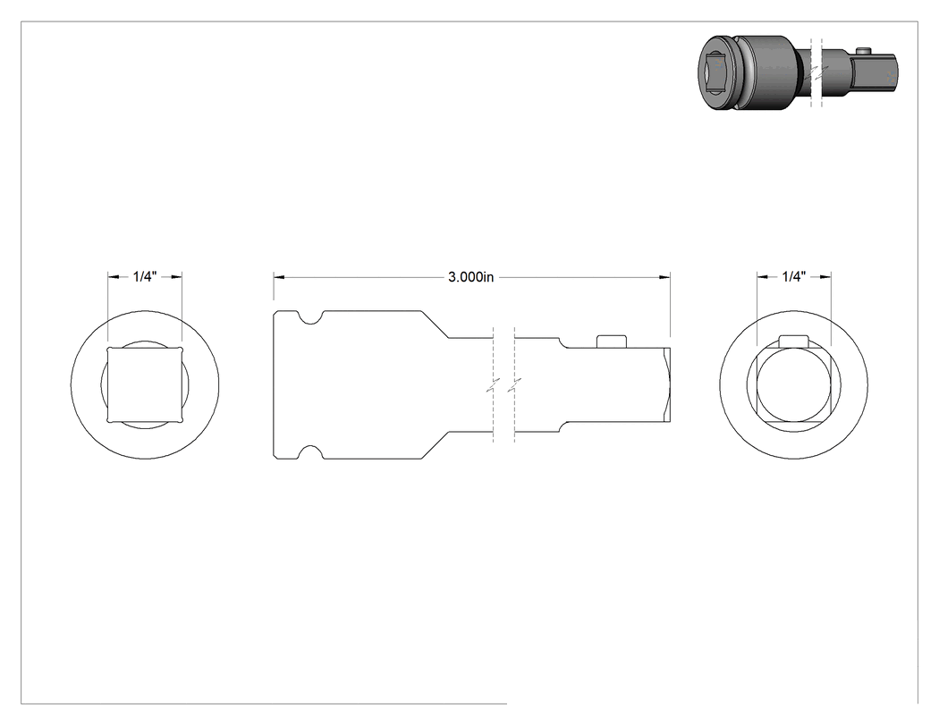 Teknik Çizim - Sürekli Çalışma Soket Uzatma Kablosu, 1/4" Kare Tahrik, 3" Toplam Uzunluk