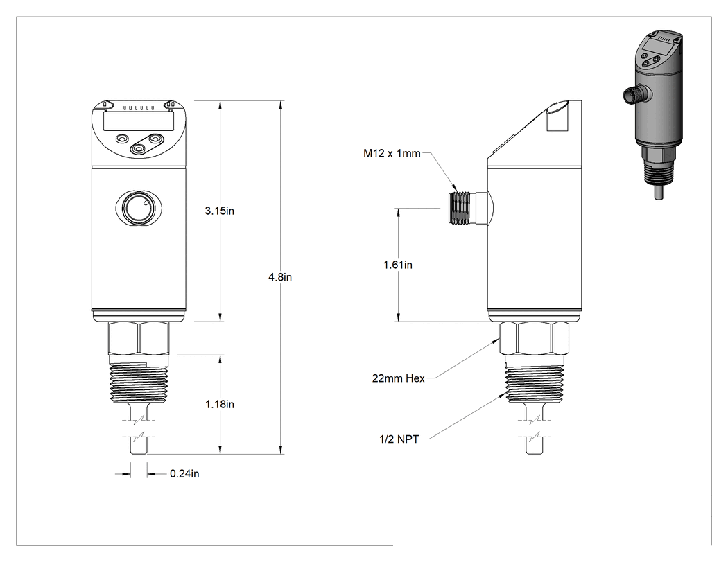 Teknik Çizim - Dijital Ekranlı RTD Prob Vericisi, Sıvılar ve Gazlar için, 1/2" Uzunlukta Prob, 1/2 NPT Erkek
