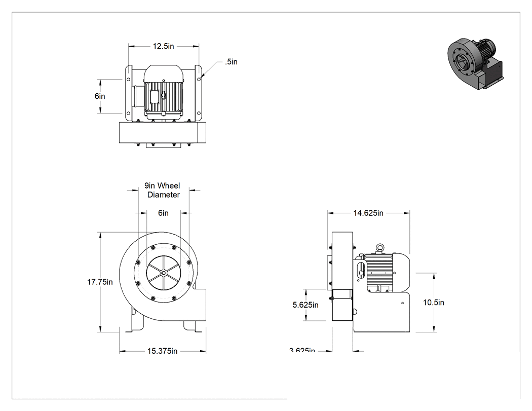 Teknik Çizim - Paslanma ve Aşınmaya Dayanıklı Üfleyici, 120/230V AC, 195 CFM @ 5.26 inç Su